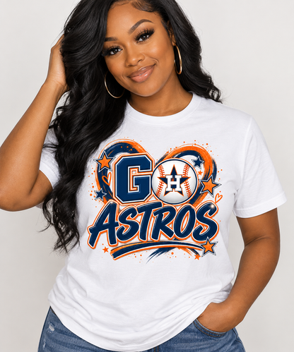Black woman modeling a white Go Astros graphic T-shirt