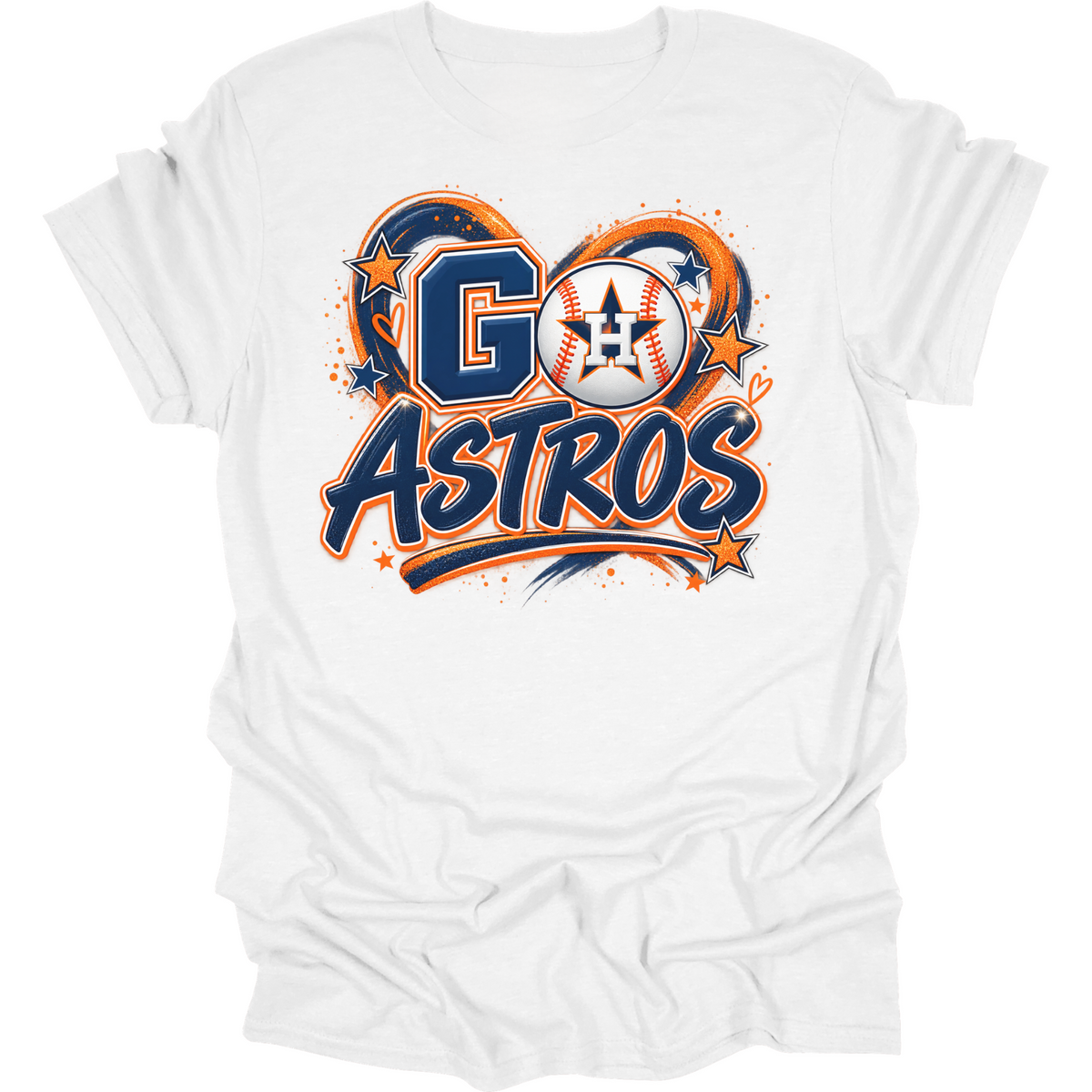 White Go Astros graphic T-shirt in navy, orange, and white