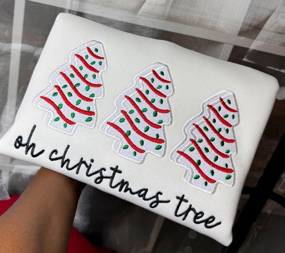 White sweatshirt with three Christmas tree appliques and Oh Christmas Tree embroidery